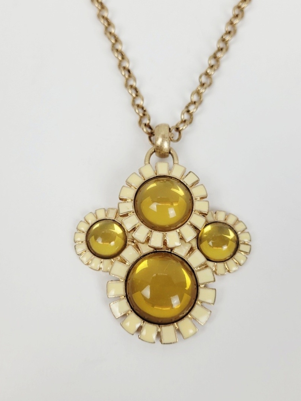 Vtg Coldwater Creek Gold Tone Necklace~Amber White Lucite Pendant~Floral Cross